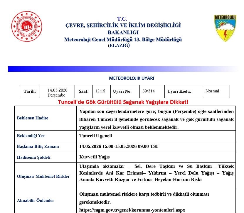 Tunceli için sağanak yağış uyarısı