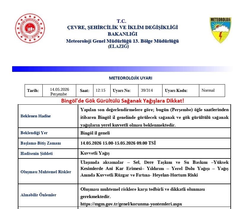 Bingöl için sağanak yağış uyarısı