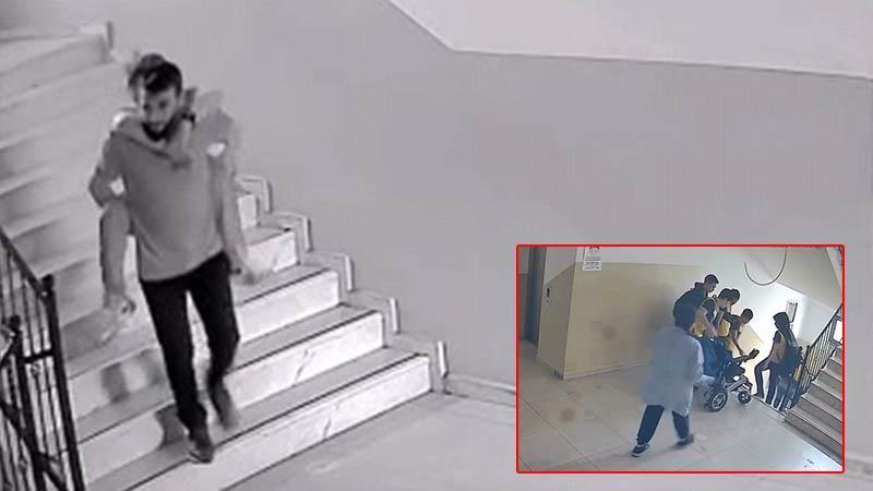 Okulun asansörü arızalandı, müdür yardımcısı bedensel engelli öğrencisini sırtında taşıdı; o anlar kamerada