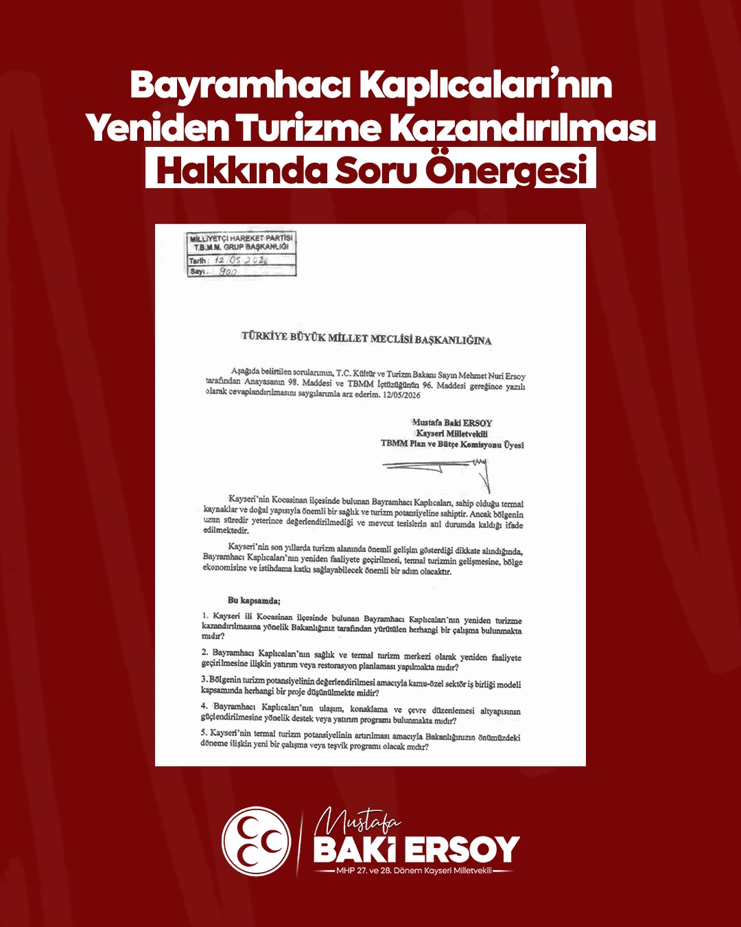 MHP’li Ersoy: "Bayramhacı yeniden Kayseri turizmine kazandırılmalı"