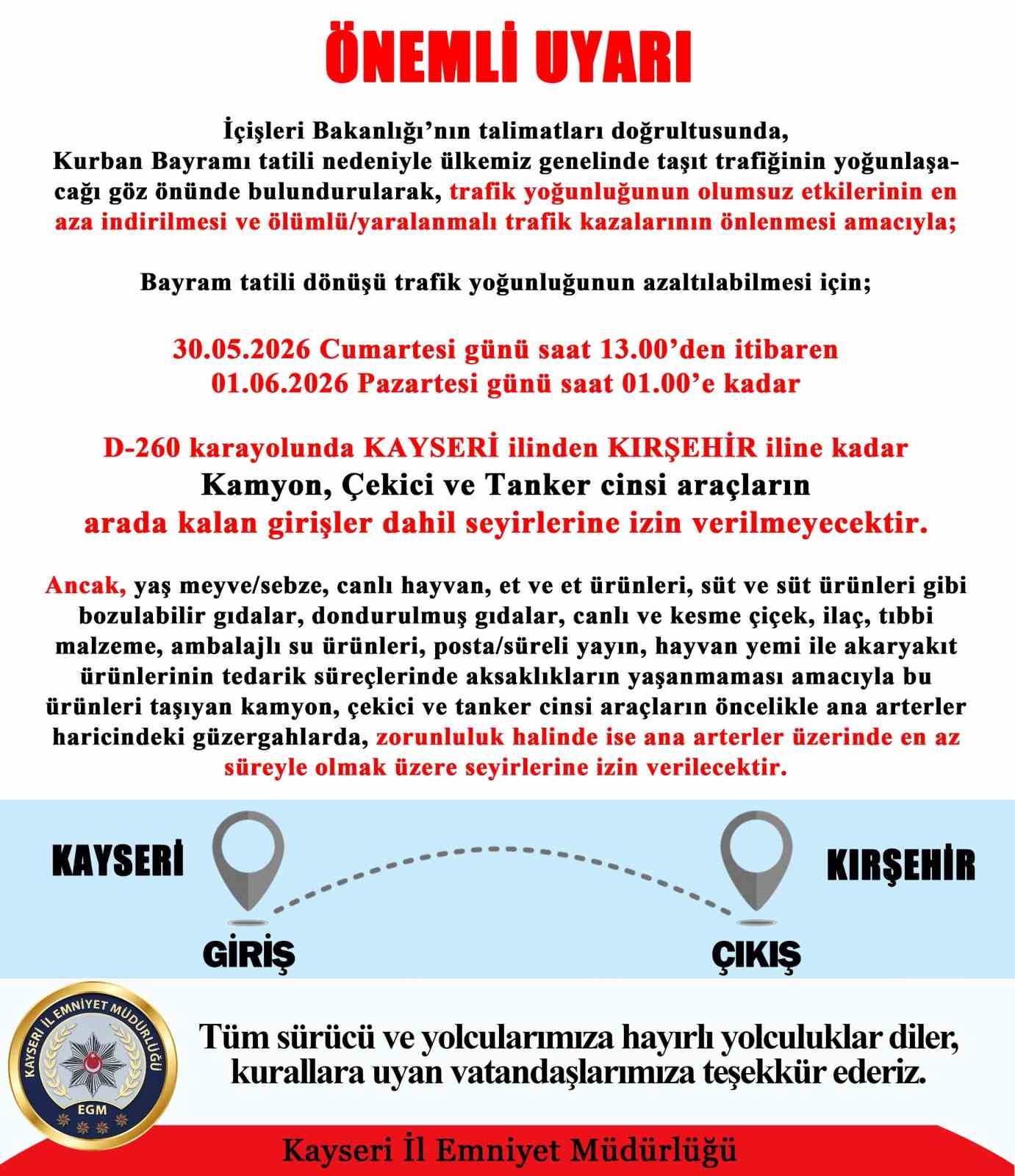 Kayseri’de tatil dönüşü trafik yoğunluğuna emniyetten önlem