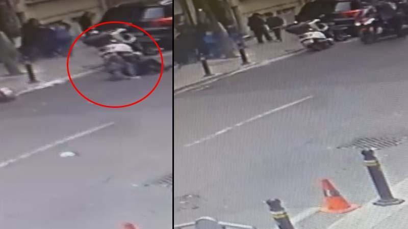 Şişli'de yolun karşısına geçen kişiye motosiklet çarptı; kaza kamerada